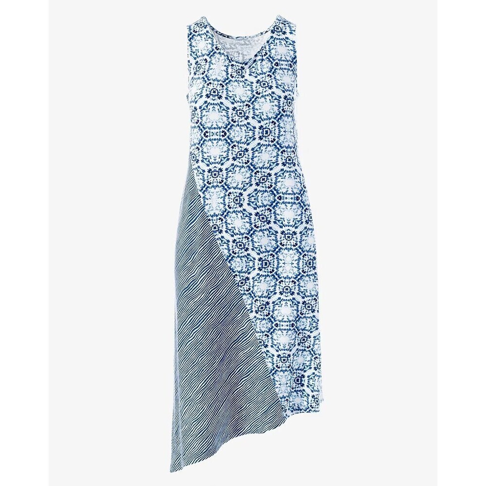Chicos Jeanius Harmony Midi Dress Stretch Sleeveless Asymmetric Size 1 US M Blue
